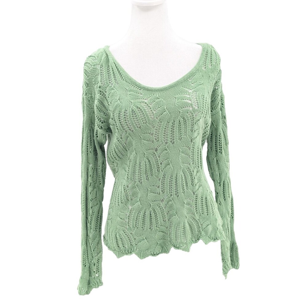 Light Green Crochet Sheer Round Neck Bell Sleeve Sweater Blouse Size Medium